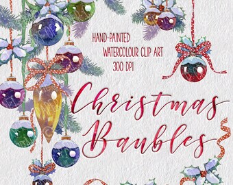 Watercolour Christmas Decorations and Baubles Hand-painted Clip Art