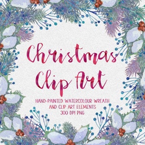 Snowy Holly Wreath with Pine Branches and Frosty Berries Hand-painted Watercolour Clip Art