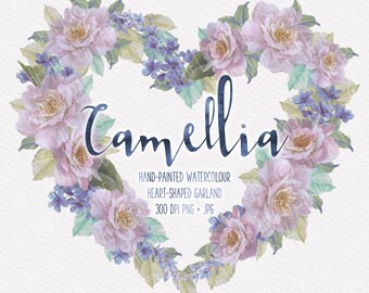 Watercolour Flower Wreath Heart-shaped Garland with Camellias and Violets Hand-painted Clip Art