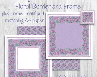 Watercolour Flower Border - Hand Painted Digital Printable Designs plus matching A4 printable paper.