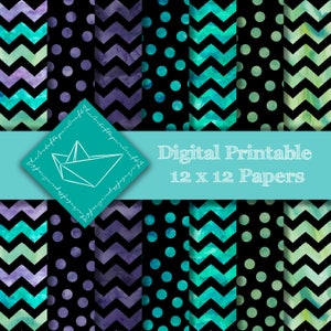 May include: Set of eight digital printable papers in a teal, purple, and black color scheme. The papers feature chevron and polka dot patterns. The text "Digital Printable 12 x 12 Papers" is displayed on a teal banner.