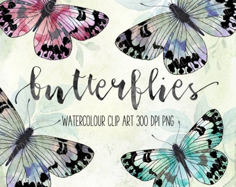 Watercolour Butterflies Clip Art with Leafy Background Printable Paper