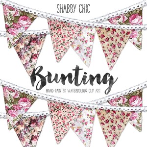 Watercolour Bunting Clip Art in Shabby Chic Fabrics with Whitewashed Oak Background and Blue Sky Printable Paper