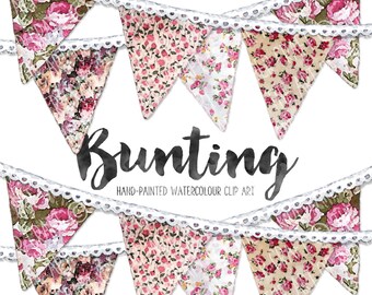 Watercolour Bunting Clip Art in Shabby Chic Fabrics with Whitewashed Oak Background and Blue Sky Printable Paper