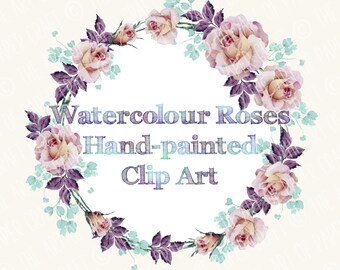 Floral Watercolour Clip Art Purple and Dusky Pink Roses Digital Printable Design.