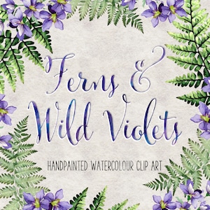 Wilde Veilchen und Farne handgemalten Aquarell ClipArt mit Kränzen und nahtlose Muster.