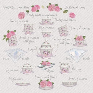 May include: A watercolor illustration of a tea set with pink carnations and lace napkins. The set includes a teapot, teacups, saucers, a sugar bowl, a milk jug, and spoons. The illustration is labeled with the names of each item.