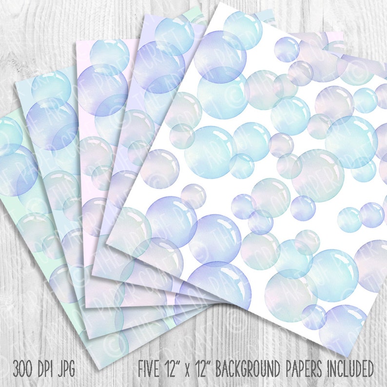 Hand-painted Watercolour Rainbow Bubbles Clip Art PNG elements and 12 x 12 Printable Bubble Papers image 3