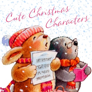 Cute Christmas Characters Watercolour Clip Art image 1