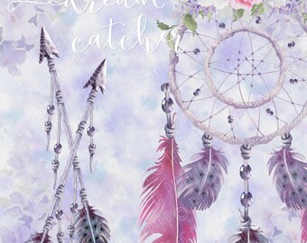 Watercolour Dreamcatcher Clip Art - Boho Arrows, Amethyst and Feathers Design. *Commercial Use Allowed.