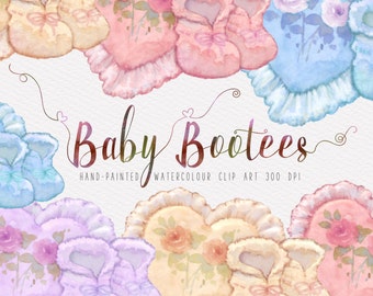 Watercolour Baby Bootees Hand-painted Clip Art with 12" x 12" ready-made border arrangement