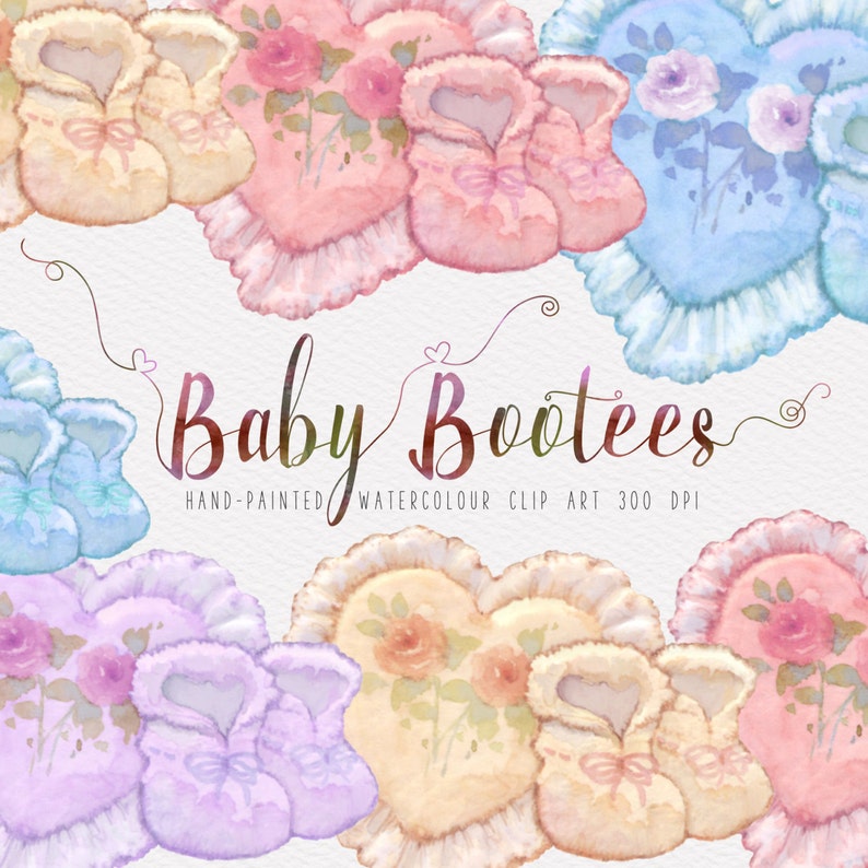 Watercolour Baby Bootees Hand-painted Clip Art with 12 x 12 ready-made border arrangement image 1