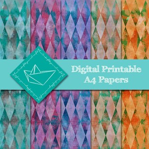 May include: Digital printable A4 papers featuring a harlequin pattern in various colors. The design includes diamond shapes in shades of teal, purple, blue, and orange. A teal banner displays the text "Digital Printable A4 Papers" and a paper boat logo.
