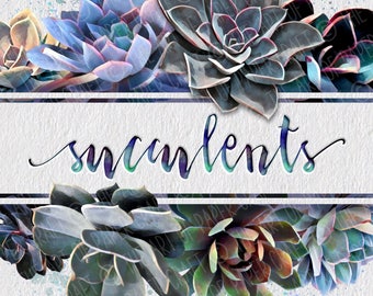 Watercolour Clip Art Succulents Design with Wreaths, Frames and Individual Elements.