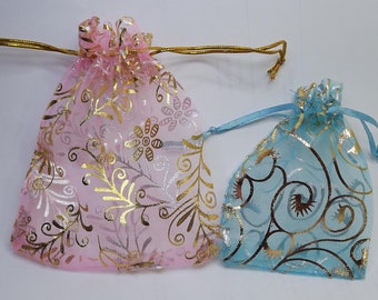 Organza Floral Favor Bags, Jewelry Pouches (3-1/2x2-3/4 inch)
