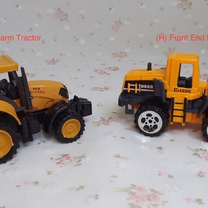 May include: Two toy construction vehicles, a yellow farm tractor and a yellow front end loader, both with black wheels and the word "CLASSIC" printed on the side.