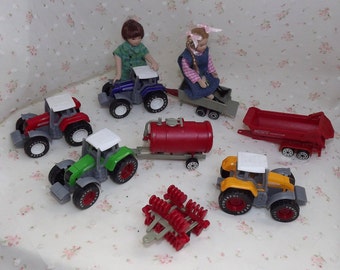 Miniature Farm Tractor, Trailer & Harrow, Dollhouse Train Layout Accessory