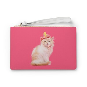 Kitty Cat with a Pink Hat Clutch Bag - Fun and Stylish Purse for Cat Lovers, Cute Animal Print Bag, Unique Gift for Her, Small Zipper Pouch,