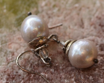 Pearl Earrings, Large 13mm Freshwater Silver Platinum Pearls and Sterling Silver