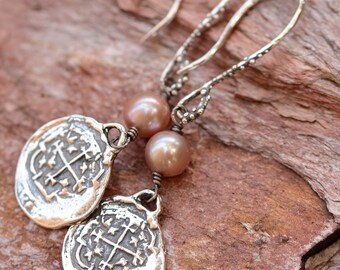 Shipwreck Spanish Coin Earrings with Pearls, Sterling Silver