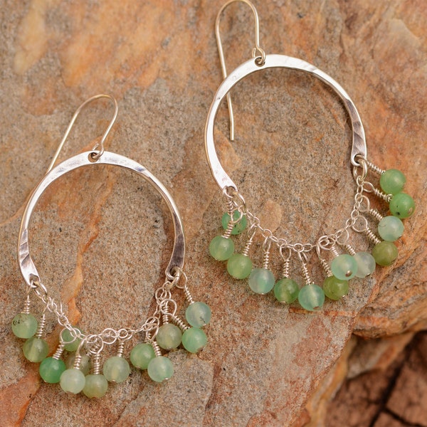 Artisan Chrysoprase Earrings Dangle from Half Circle Hoops, Sterling Silver