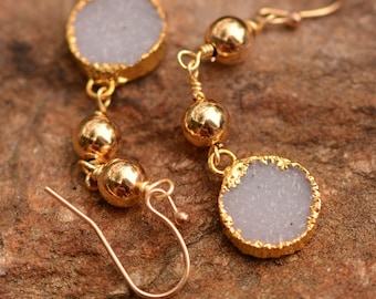 14KT Gold Fill beads and hooks,  Blue Chalcedony Druzy Earrings, Gold Dipped Stones, E8