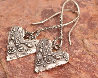 Artisan Heart Earrings, Vines and Flower Buds, Sterling Silver