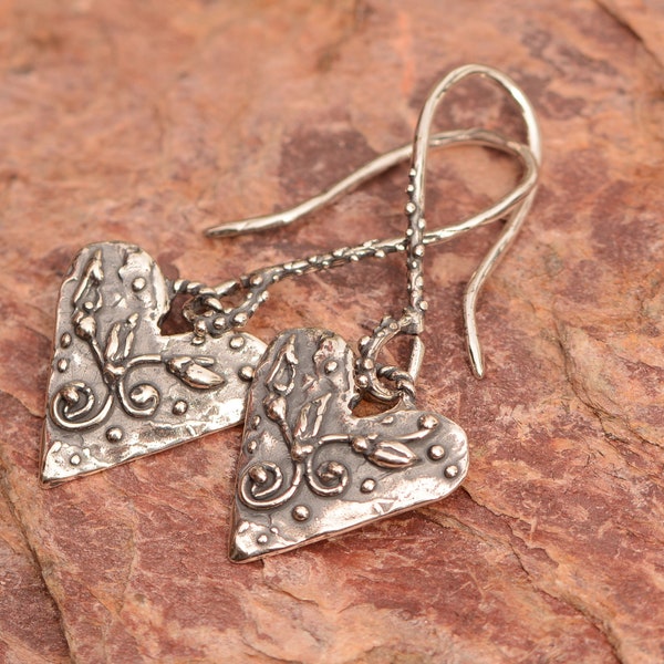 Artisan Heart Earrings, Vines and Flower Buds, Sterling Silver