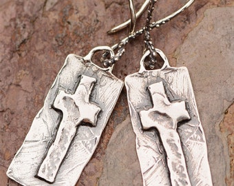 Sterling Silver Cross Earrings, Artisan Cross on French Style Ear Wires