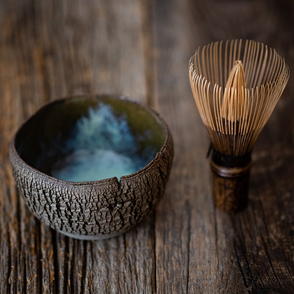 Tazón de matcha con superficie de corteza - chawan - tazón de té de cerámica