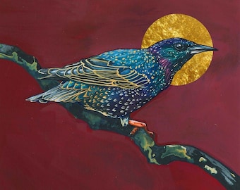 European Starling Bird *Limited edition with hand embellished gold leaf* Fine Art Print of Watercolor Painting