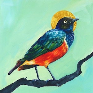 Superb Starling Bird *Limited edition with hand embellished gold leaf* Fine Art Print of Watercolor Painting