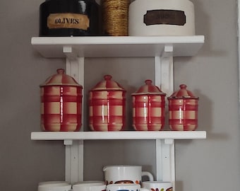 French Art Deco Enamelled Canisters / Red & White Canisters / French Kitchen Storage Pots / Kitchen decor/old canisters / country decor