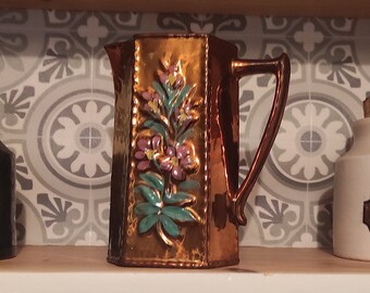 Antique Victorian pottery Copper lusterware Molded flowers jug /old pitcher / Antique jersey terracotta pitcher