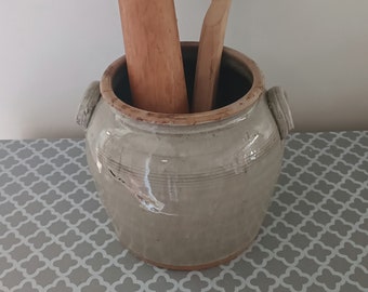 Large French gray stoneware confit pot. rustic glazed stoneware confit pot with handles. Utensils, Vase, Kitchenalia