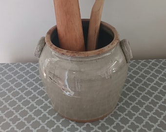 Large french gray stoneware confit pot. rustic glazed stoneware confit pot with handles. Utensils, Vase, Kitchenalia