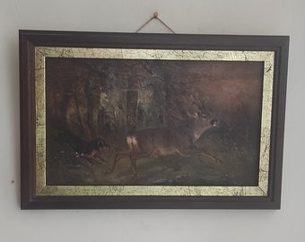 Antique Painting Hunting Trip -deer - Painting Oil on Wood - - Gift for Hunter