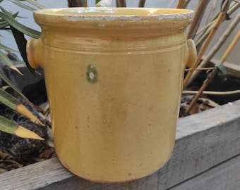 Antique French ocher glazed pottery confit pot with handles. Antique glazed terracotta earthenware jar. Kitchen canister Utensil storage jar