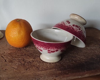 Antique French cafè au lait bowl earthenware transfer decor in red cherry garland, French cafè au lait bowls, shabby chic,