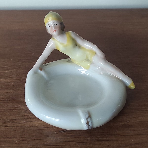 Vintage 1930s Bathing Beauty Ring Dish. Lady Swimmer on Buoy. German Porcelain Bathing Lady. Yellow Swimming Costume Bather Trinket Dish