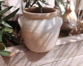 Small French Vintage Stoneware Gray Confit Pot / Rustic Beige Glazed Grease Jar / Preserving Jar / stoneware crock / nordic living