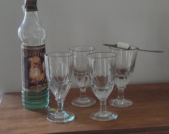 Set of four antique French blown absinthe glasses with an antique absinthe spoon, barware, bar glasses, 1900,