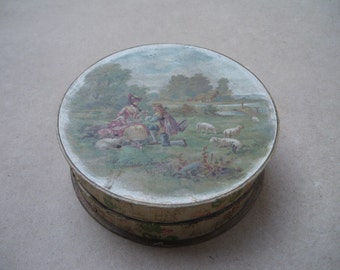 romantic tinplate box/Courteous scene/ 1920s/ adversing/ flower garland/ shabby chic/boho chic