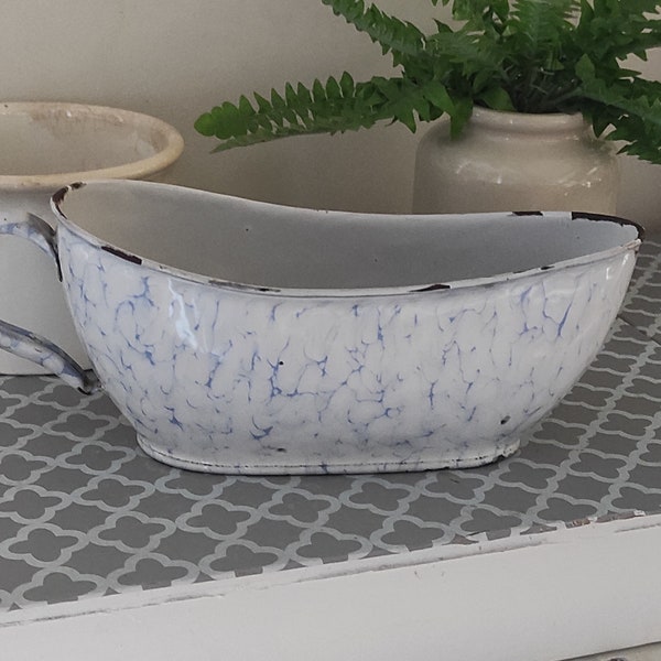 An unusual and very rare collector's item enamel. Bourdalou / Bourdaloue. granitware enamelware blue and white swirl/ 19th