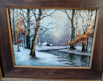 Vintage Limoges Camille Faure (1874-1956) cuadro esmaltado pintado a mano firmado: paisaje bajo la nieve