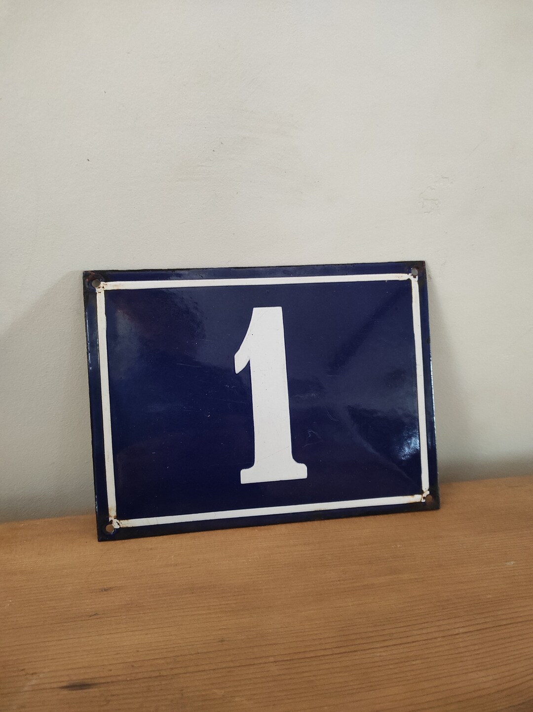 Vintage French House Number Enamel Street / Street Number White and Blue 1 Made in France