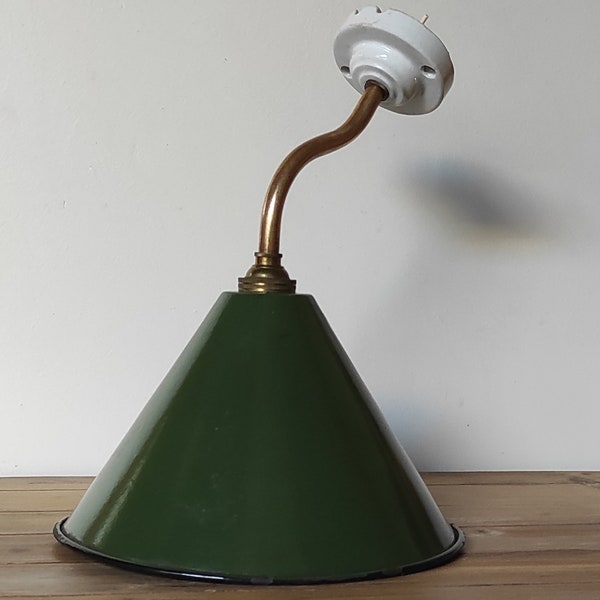 Industrial wall enamelled metal green gooseneck brass porcelain / enamelled reflector vintage industrial midcentury