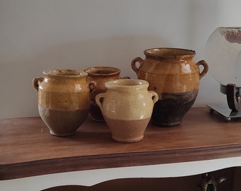 Antique French yellow glazed pottery confit pot. Antique glazed terracotta earthenware jar. Kitchen canister Utensil storage jar