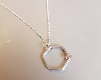 Handmade Sterling Silver Bee Necklace: Copper Bumble Bee Hexagon Pendant