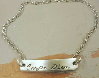 Carpe Diem sterling silver bracelet. Bar bracelets Silver Jewellery Stamped Jewellery Personalised Bracelet